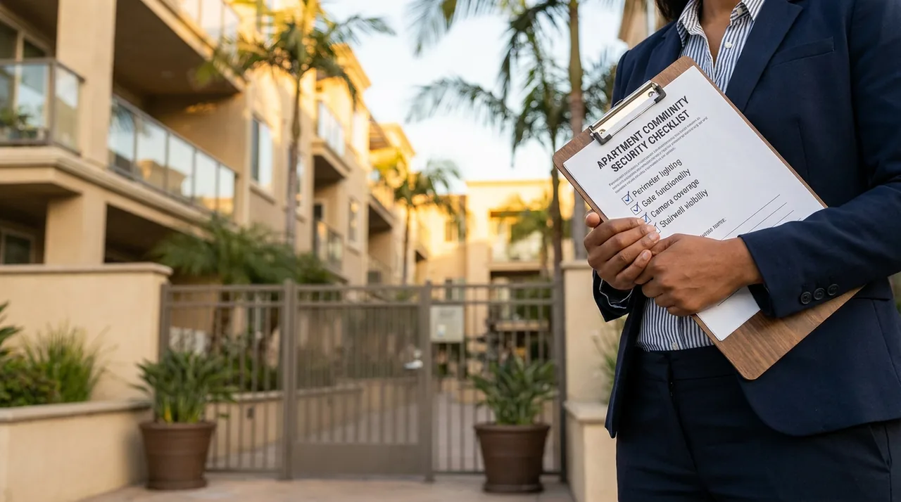 Property manager reviewing a printed apartment security checklist at a Houston multifamily community entrance