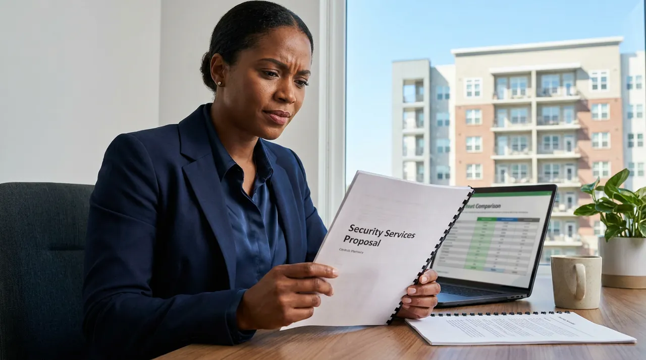 Property manager reviewing a security vendor proposal at her desk