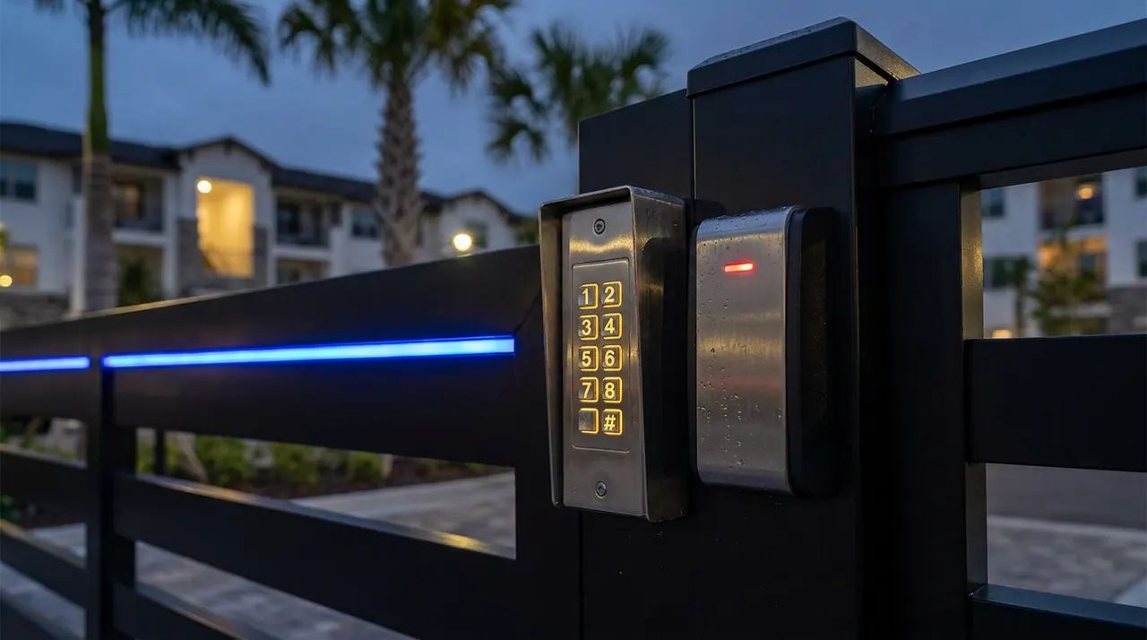 Access control gate at the entrance of a Houston apartment community with credential reader and license plate camera